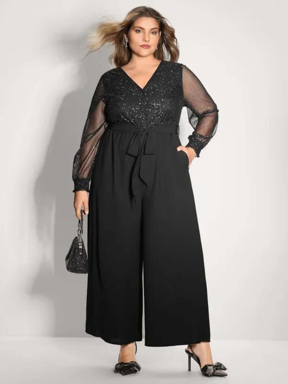 Plus Size 1X 14-16 Black Glitter Neckline Petal Flowy Hem Jumpsuit NWT - Picture 3 of 7